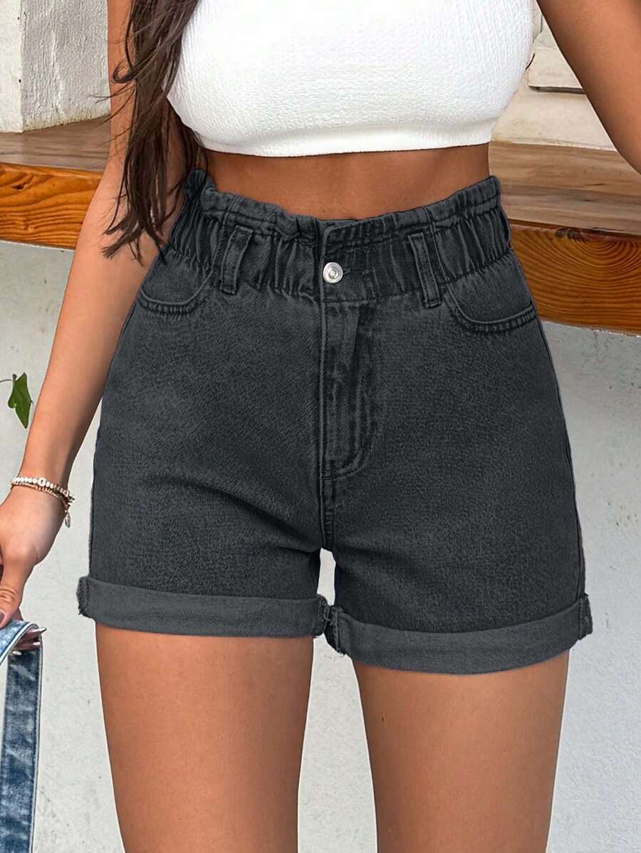 EURMUSE 100%Cotton Rigid, Elastic Band Detailed Shorts ,Petite Women - Dark Grey - View 1