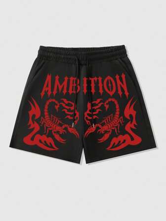 Street Life Men's Summer Casual Street Style Scorpion & Letter Print Drawstring Waist Side Pockets Shorts