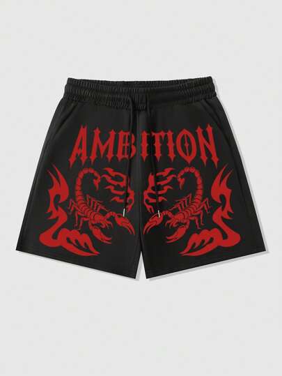 Street Life Herren Sommer Lässig Street Style Shorts mit Skorpion- und Buchstabenprint, Kordelzug in der Taille, Seitentaschen