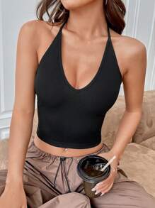 SHEIN EZwear Summer Sexy Solid Backless Crop Halter Top - Black - View 6