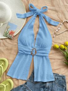 Soleia Women's Baby Blue Summer Casual Beach Vacation Holiday V-Neck Metallic Buckle Halter Backless Texture Camisole Top,Boho Style Blue Halter Top - Blue - View 3