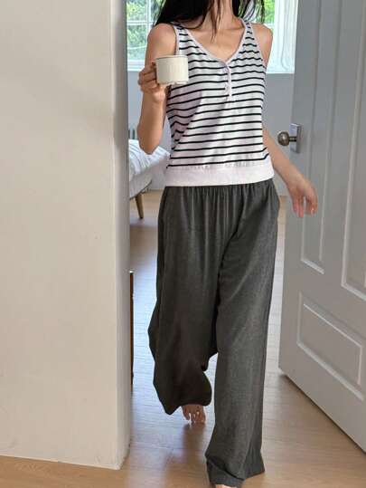 DAZY 条纹背心和纯色直筒裤女式睡衣套装