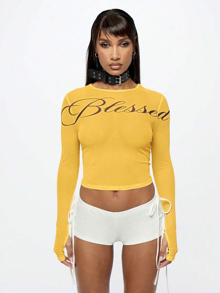 SUMWON WOMEN 长袖网眼短款上衣时尚生活轻盈合身弹力休闲日常分层基本款秋季春季