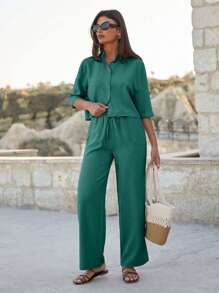 EURMUSE Bộ áo crop top cotton và quần cạp cao cho nữ - Màu xanh lá cây đậm - Xem 4