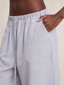 NYA SZN 下摆条纹裤带松紧腰带侧系带褶皱亚麻海滩度假办公室工作服特殊场合街头装优雅棕色女士服装