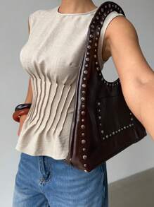 Siren Gaze 新款亚麻腰部褶皱无袖衬衫女装，时尚街头风Y2K女式上衣，秋季返校季褶皱无袖上衣夏季休闲款 - 杏色 - 查看 4