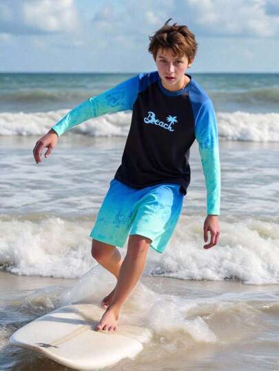 Conjunto de 2 piezas de traje de baño para niños preadolescentes con camiseta de manga larga con estampado de playa y pantalón corto