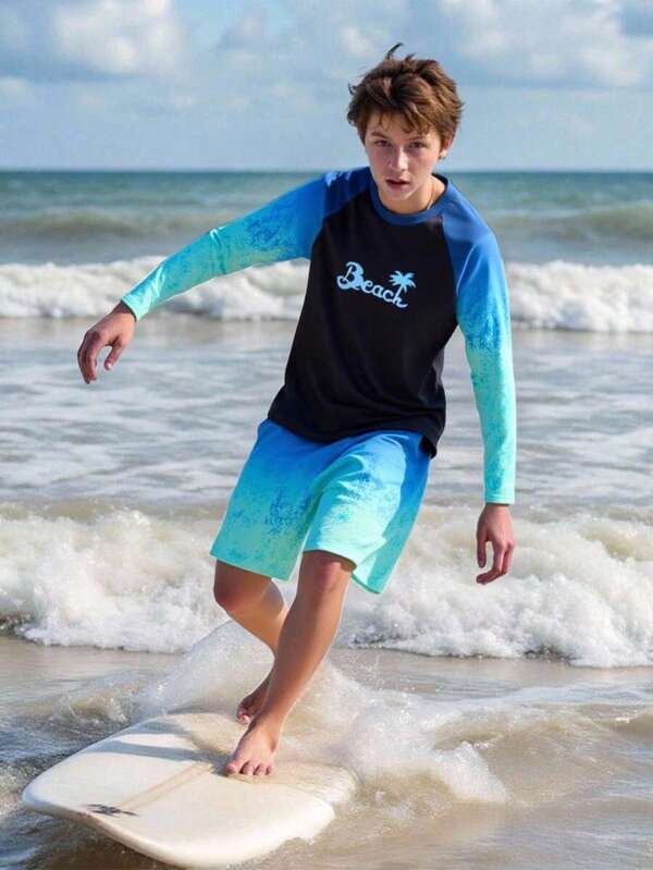 Tween Boys Beach Print Long Sleeve Rash Guard And Short 2 Pieces Swimsuit Set Beach Wear For Boys Tween Boys Clothing Swim Beach Clothes For Boys Teen Boys Rash Guard Boy Rash Guard
