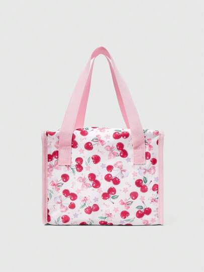 Kawaii 1pc Red Cherry Ditsy Floral Fashionable Portable Insulated Waterproof Lunch Bag, Suitable For Back To School Season And Picnics