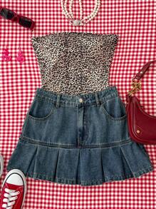 Attitoon Women's Pocket Pleated Hem Denim Skirt, Sexy Ultra Low Rise ,Thanksgiving , Christmas ,Y2k Jeans Skirt, Vintage