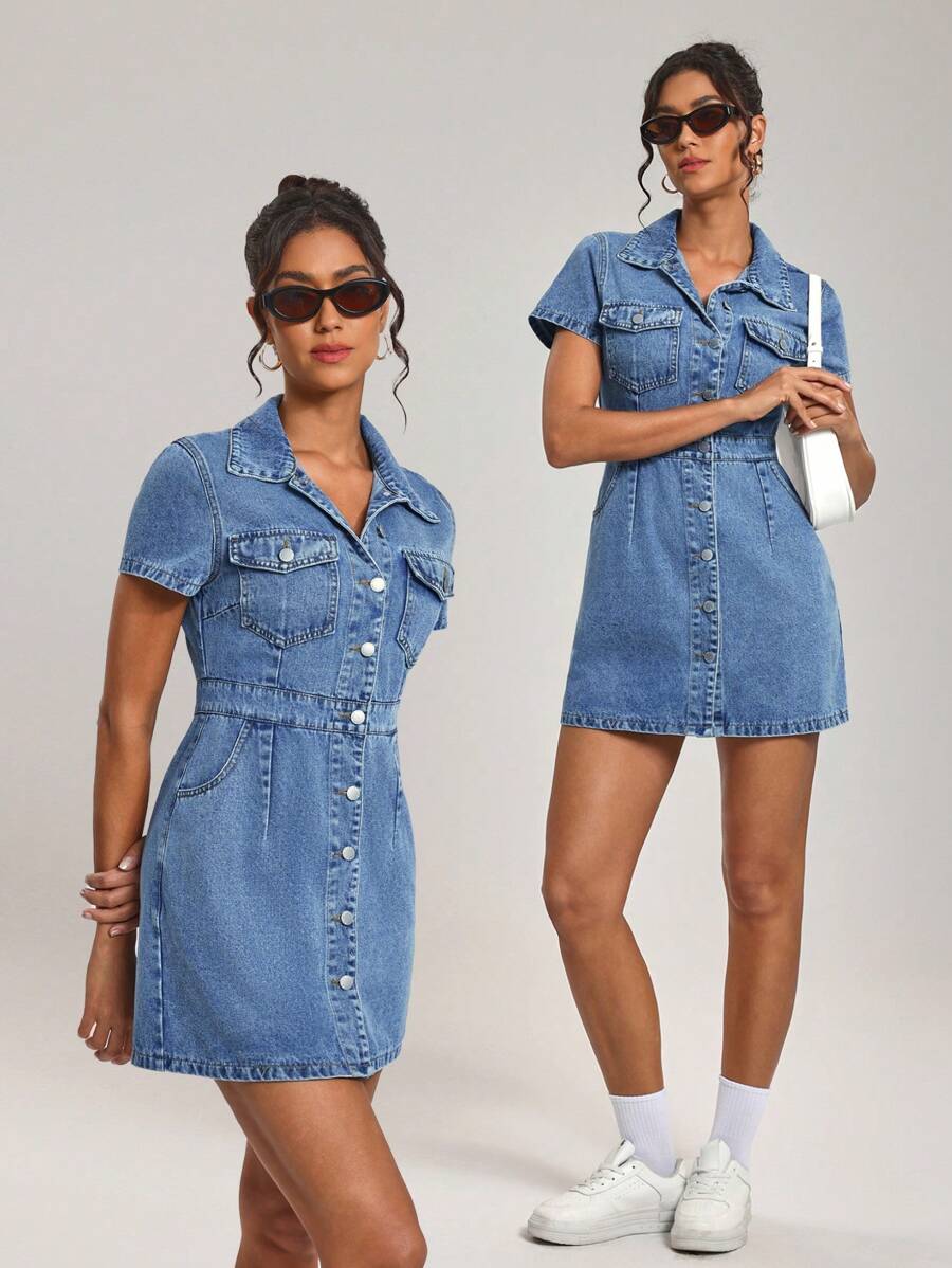 SHEIN Tall Women's Front Button Fitted Short Sleeve Denim Dresses - Blue - View 1