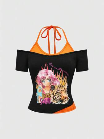 J-Fashion Y2K Cartoon Mädchen & Tiger Splicing Rundhals T-Shirt