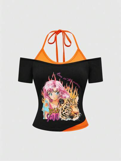J-Fashion Y2K Cartoon Girl & Tiger Splicing Crew Neck T-Shirt