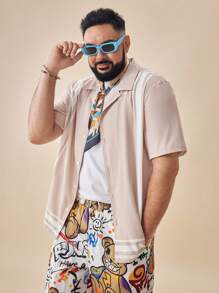 EASEVO Plus Size Men's Woven Striped Print Short Sleeve Shirt, Suitable For Summer, School - Khaki - View 1