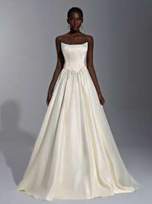 Elitara Elegante vestido sin mangas de satén color beige con escote de halter, cintura baja minimalista con abertura, cintura al estilo "basque", decoración de perlas y silueta evasé súper amplia. Con lazo ajustable en la espalda, adecuado para citas, vacaciones, cumpleaños, graduación, fiestas, bodas, galas formales, veladas, invitada de boda - Albaricoque - Ver 6