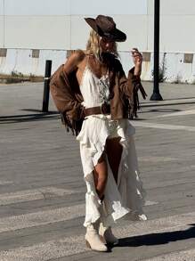 SHEIN ICON Damen Western Cowgirl Stil Metal Mesh geschnürtes asymmetrisches Träger Top - Weiss - Übersicht 8