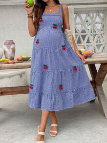 SHEIN Vestido de embarazo estilo cuadros y cereza con cuello cuadrado y sin mangas, para verano
