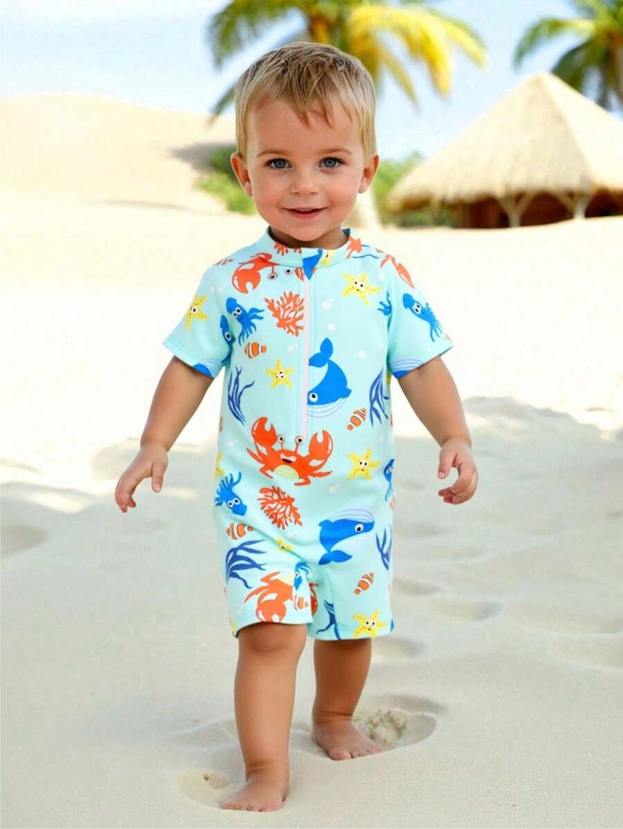 SHEIN Leap Crew 男宝宝/女宝宝蓝色螃蟹和海洋生物针织软领连体泳衣适合海滩度假游泳，夏季