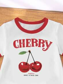 2pcs/Set Toddler Girls' Casual Fashion Creative Red & White Cherry Print Short Sleeve T-Shirt And Shorts Outfit, Sibling Matching Clothes (2 Pieces Sold Separately) Cherry Clothes For Baby Girl Cherry Toddler Outfit Cherry Baby Clothes Short Sets For Girls