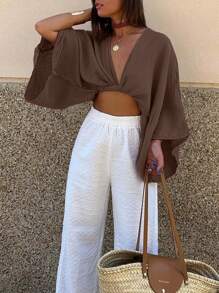 INAWLY Women's Casual Solid Color Bat-Wing Sleeve Cropped Shirt Fall Cloth For Women - Coffee Brown - View 5