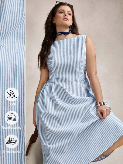 Zelara Plus Size Summer Striped Round Neck Sleeveless Ruched Casual Work Dress,Old Money Style Women