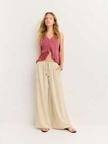 Nöista Relaxed-Fit Linen Pants With Drawstring Waist And Front Pockets. Ideal For Summer, Beach Days. Comfy And Breathable For Any Warm-Weather Look. - Apricot - View 4