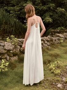 Lumivelle Solid Color Lace Spliced A-Line Backless Spaghetti Strap Pleated Dress For Women - White - View 2