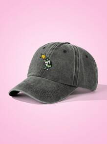 THE POWERPUFF GIRLS X SHEIN Buttercup Embroidered Fashionable Washed Gray Baseball Cap - Black - View 2