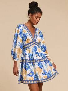 Travachic 女式 V 领 3/4 袖迷你印花梭织连衣裙、女士夏季服装、沙滩装、春夏装、复活节、节日服装、女士沙滩装、春假、女士度假服装、女士演唱会服装、波西米亚风、波西米亚、音乐节、美国独立日服装、热带度假女装、蓝白花卉印花、浪漫 - 藍白色 - 查看 5