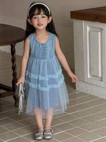 DAZY Young Girl' Round Neck Mesh Patchwork Sleeveless Denim Dress, Fresh Summer Style