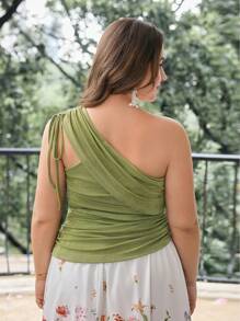 SHEIN MOD Plus Size Women's Olive Green Summer Elegant Wedding Guest Top,Drawstring Oblique Shoulder Cinched Waist Camisole,Bohemian Holiday Blouse - Green - View 2