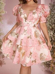 SHEIN Belle 大码优雅浪漫粉色缎面提花奢华锦缎 A 字形公主礼服，正式鸡尾酒会礼服