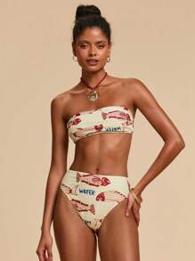 Travachic 女士性感鱼纹印花抹胸比基尼泳装套装，两件套泳装，女士沙滩装，休闲度假装，夏季假日装，女士假日装，度假装，女士度假连衣裙，优雅外出装，派对装，沙滩装，沙滩短裤，沙滩裙 - 彩色 - 查看 1