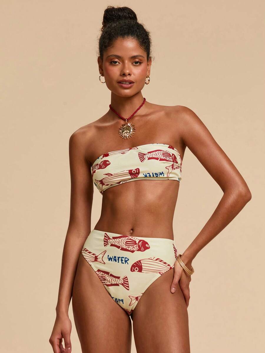 Travachic 女士性感鱼纹印花抹胸比基尼泳装套装，两件套泳装，女士沙滩装，休闲度假装，夏季假日装，女士假日装，度假装，女士度假连衣裙，优雅外出装，派对装，沙滩装，沙滩短裤，沙滩裙 - 彩色 - 查看 1