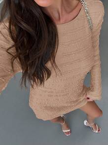 Aloruh Váy ngắn tay loe vải dệt kim jacquard hở lưng cổ tròn gợi cảm mới về - Màu Khaki - Xem 9