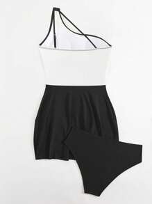 Swim Lushoire 2025年新款女式柔软单肩拼色比基尼泳装，修身两件套 - 黑與白 - 查看 6