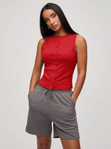 SHEIN BASICS Áo ba lỗ cardigan cổ tròn không tay dệt kim trơn vừa vặn dành cho nữ, ấm cúng sang trọng, đi làm hàng ngày, năm mới - Đỏ - Xem 4