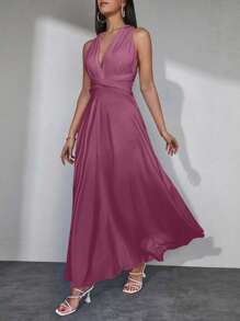 EURMUSE Women's Solid Color Asymmetrical Neck Fashion Summer Dress - Dusty Pink - View 3