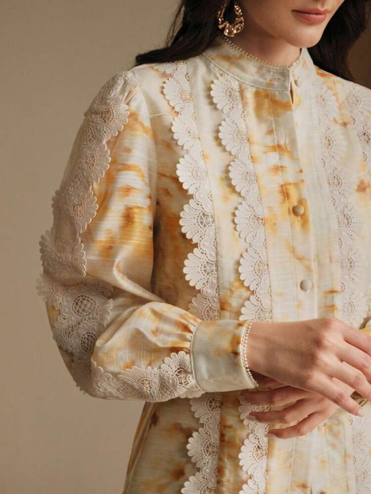 Spring New Dopamine Heavy Lace Trim Splicing Long Sleeve Yellow Tie Dye Print Stand Collar Women Shirt
