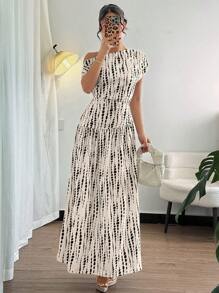 Elenzga 女士时尚印花系带肩部设计修身优雅长裙/长裙/中裙，适合度假、约会、夏季假日装/夏季装/休闲装 - 现代休闲/度假休闲装 - 彩色 - 查看 1