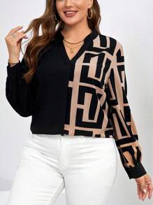 Chikora Damen Große Größen Bluse mit geometrischem Muster, V-Ausschnitt und Langarm, elegantes Büro Design für Frühling und Sommer - Schwarz - Übersicht 5
