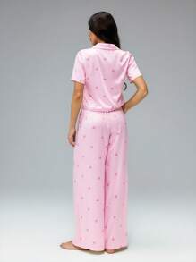 SHEIN Tall 2件套女士粉色蝴蝶结印花条纹短袖上衣和宽松裤子缎面睡衣套装 - 彩色 - 查看 11