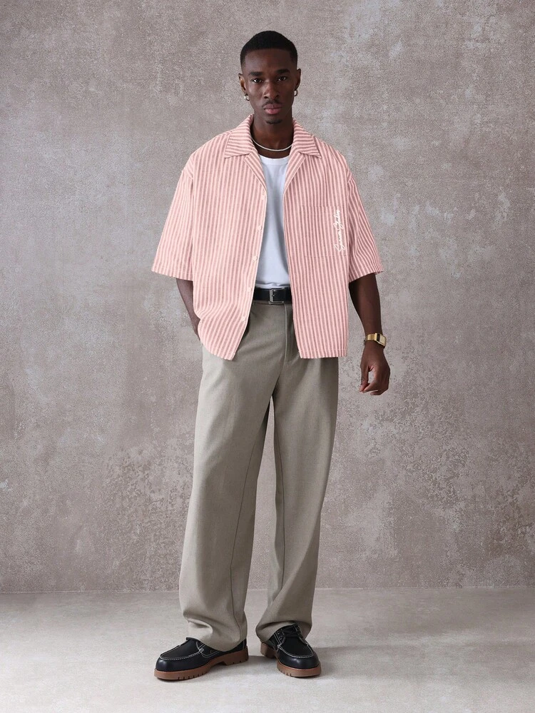 SUMWON Boxy Fit Textured Stripe Resort Shirt With Revere Collar Short Sleeve Button Up Summer Vacation Cruise Wear