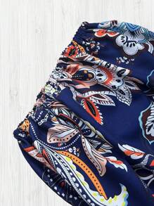 SHEIN LUNE Plus Size Women's Cashew Flower Pattern Short Sleeve Blouse, Round Neck Ruffle Loose Top, Spring/Summer - Multicolor - View 4