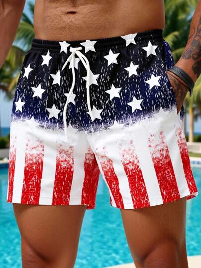 Manfinity Joysei Pantalones cortos de playa para hombres con estampado digital de contraste de color degradado y elementos de la bandera nacional, de moda casual y apropiados para verano, playa, vacaciones en la ciudad, citas, fiestas y otras ocasiones. Artículo esencial para combinar, adecuado para parejas a juego y como regalo para el novio.