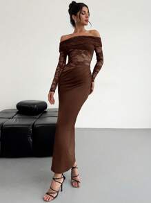 Firerie Women Elegant Sexy Minimalist Fashion Alluring Valentines Party Date Off Shoulder Textured Mesh Sheer Pintuck Low Waist Form-Fitting Red Long Sleeve Dress