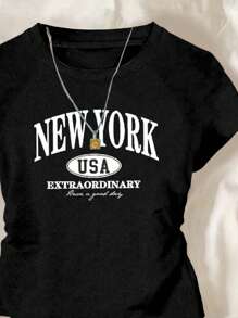 Mädchen Lässiges Raglan-Arm T-Shirt mit Buchstaben & Muster und Gummizug-Taille, Slim Fit