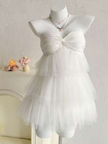Sweetina Váy mini xếp nếp hở lưng lưới trắng quấn phía trước cho nữ, váy nghỉ dưỡng dễ thương giản dị - trắng - Xem 3