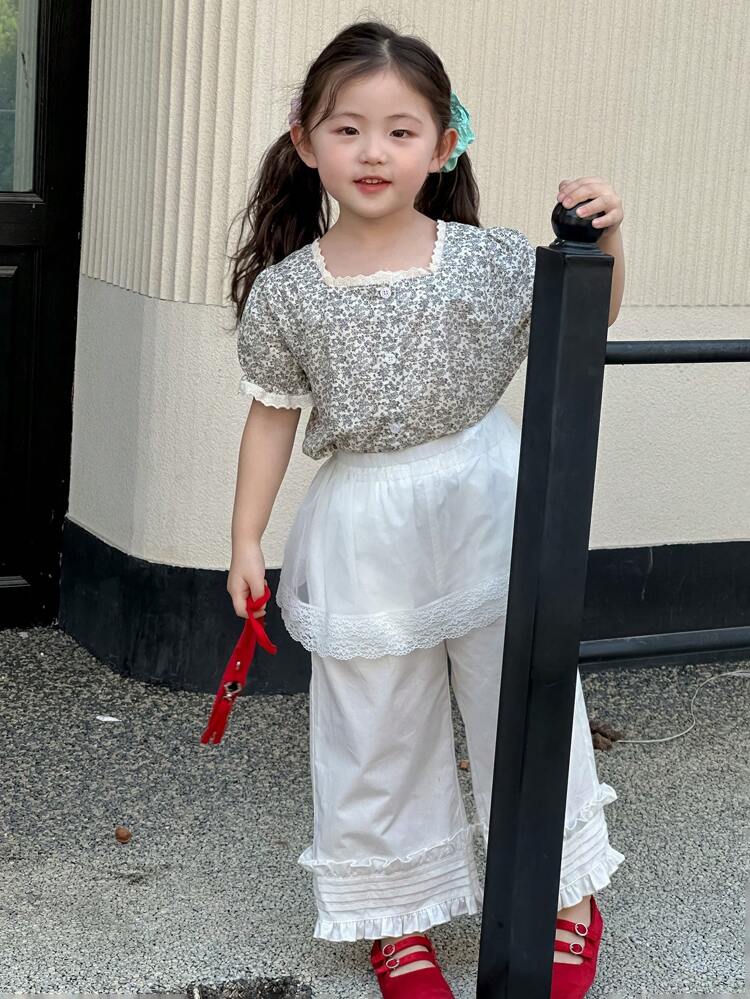 Young Girls Ditsy Floral Square Collar Short Sleeve Shirt + Long Pants 2-Piece Set, Fall Outfit
