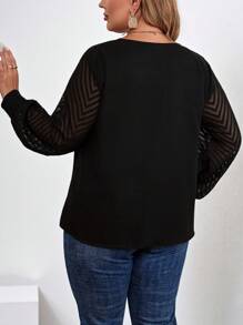 SHEIN Clasi 大码女式黑色花卉领口和袖口嵌件半透明衬衫，秋冬款 - 黑色 - 查看 2